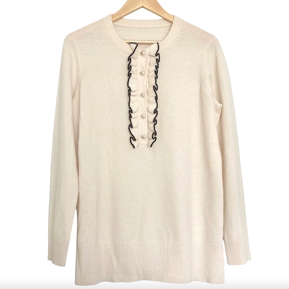 TORY BURCH Emily Cashmere Pullover Sweater Ruffle Pearl Buttons - Picture 2 of 10